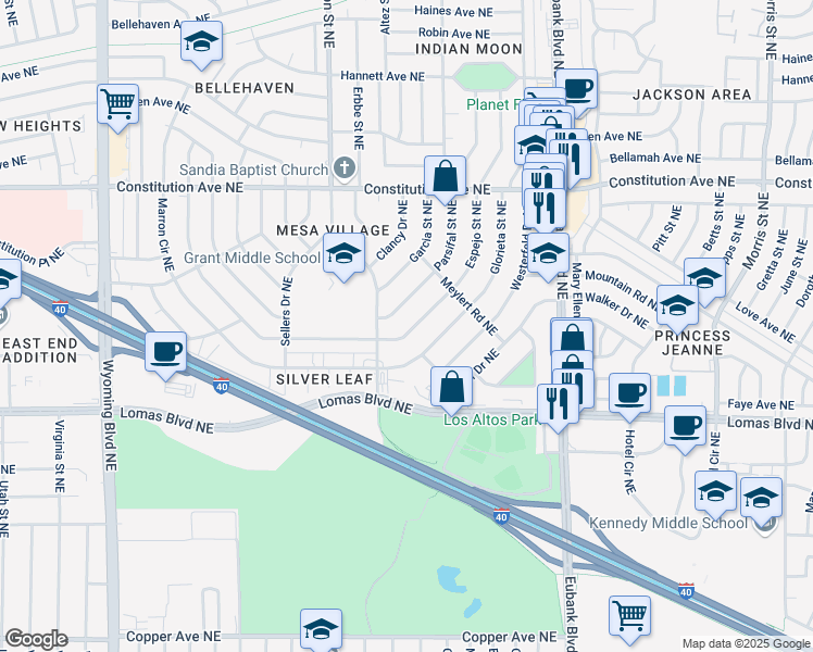 map of restaurants, bars, coffee shops, grocery stores, and more near 1012 Espejo Street Northeast in Albuquerque