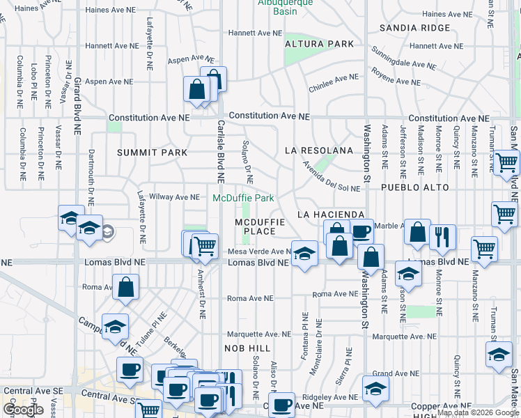 map of restaurants, bars, coffee shops, grocery stores, and more near 808 Solano Drive Northeast in Albuquerque