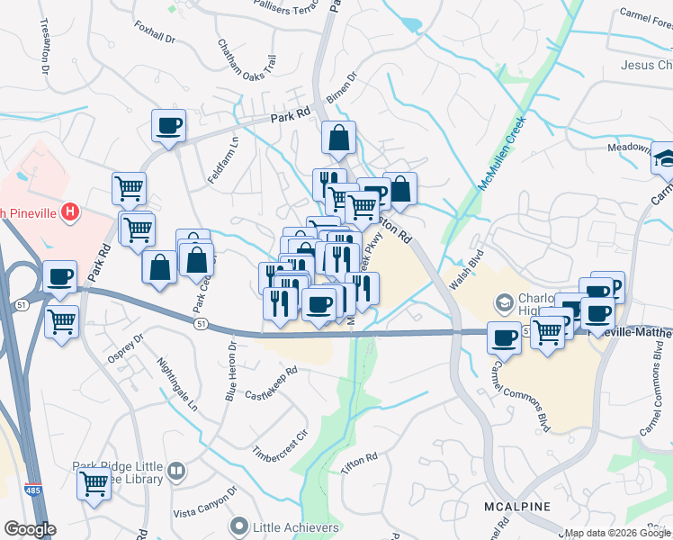 map of restaurants, bars, coffee shops, grocery stores, and more near 8300 Pineville-Matthews Road in Charlotte
