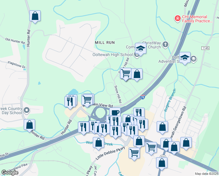 map of restaurants, bars, coffee shops, grocery stores, and more near 5911 Snow Hill Rd in Ooltewah