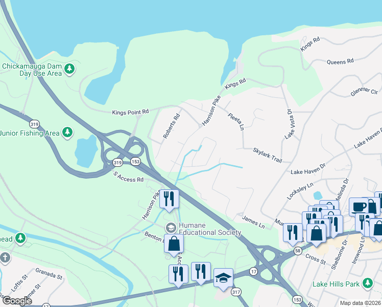 map of restaurants, bars, coffee shops, grocery stores, and more near 4405 Kings Lake Court in Chattanooga
