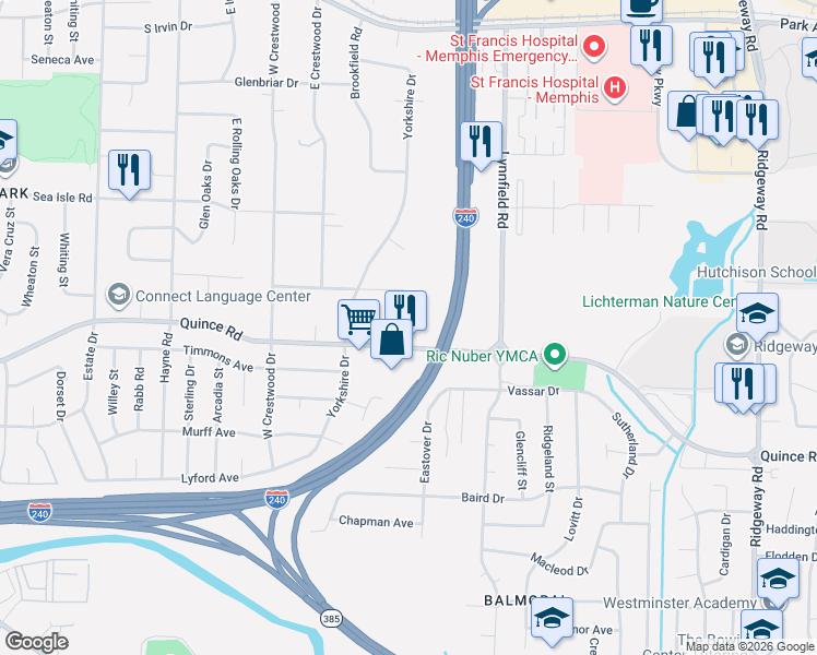 map of restaurants, bars, coffee shops, grocery stores, and more near 5695 Quince Road in Memphis