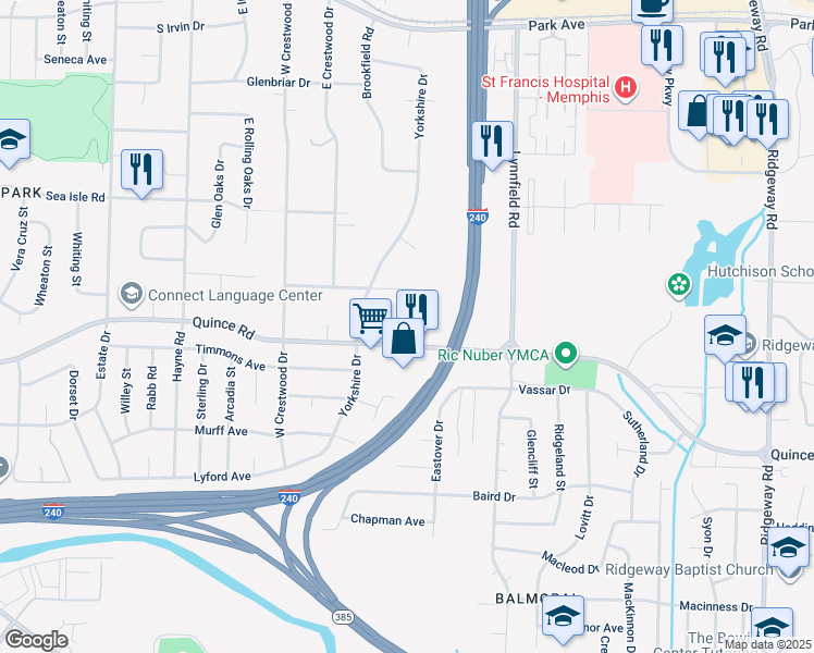 map of restaurants, bars, coffee shops, grocery stores, and more near 5695 Quince Road in Memphis