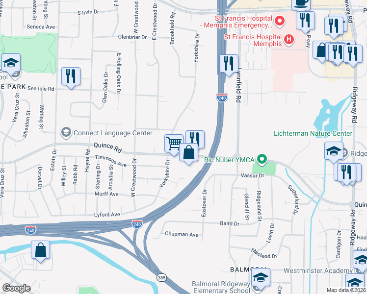 map of restaurants, bars, coffee shops, grocery stores, and more near 5679 Quince Road in Memphis
