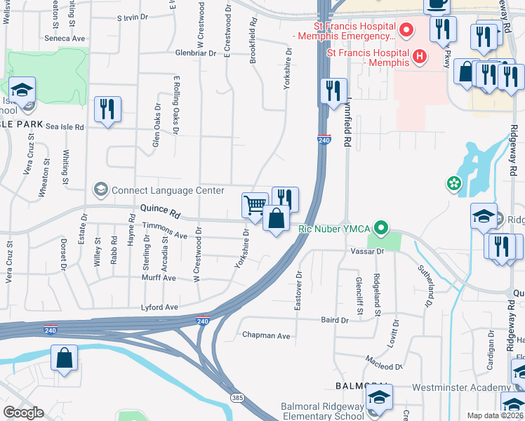 map of restaurants, bars, coffee shops, grocery stores, and more near 5679 Quince Road in Memphis