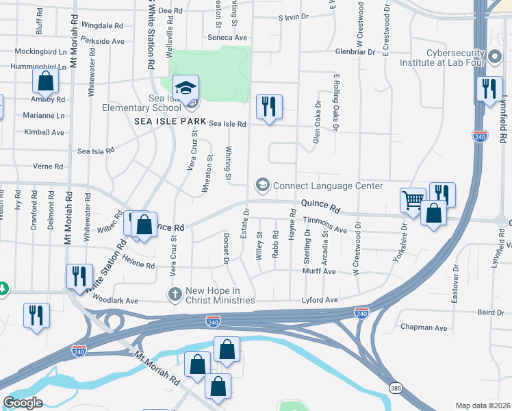 map of restaurants, bars, coffee shops, grocery stores, and more near 5324 Timmons Avenue in Memphis
