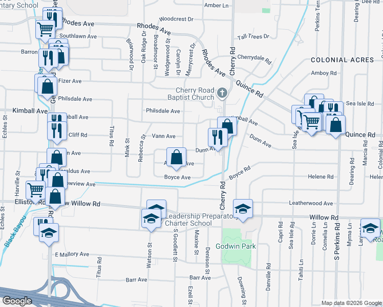 map of restaurants, bars, coffee shops, grocery stores, and more near 4292 Atwood Avenue in Memphis