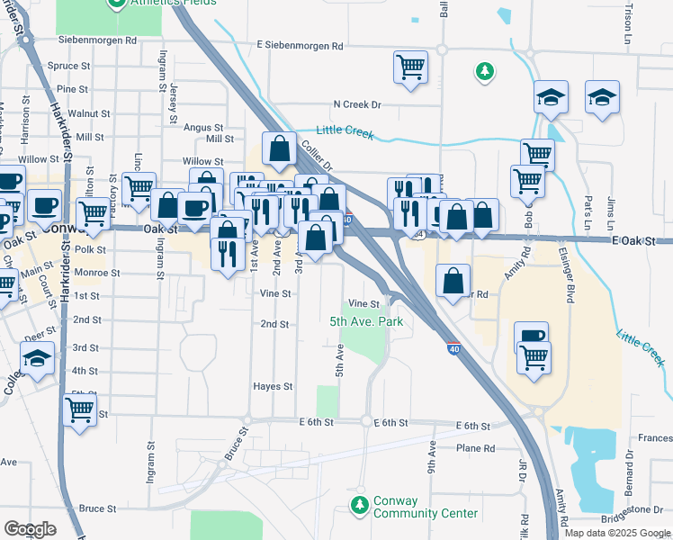map of restaurants, bars, coffee shops, grocery stores, and more near 704 4th Avenue in Conway