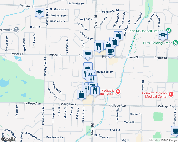 map of restaurants, bars, coffee shops, grocery stores, and more near 855 Salem Road in Conway