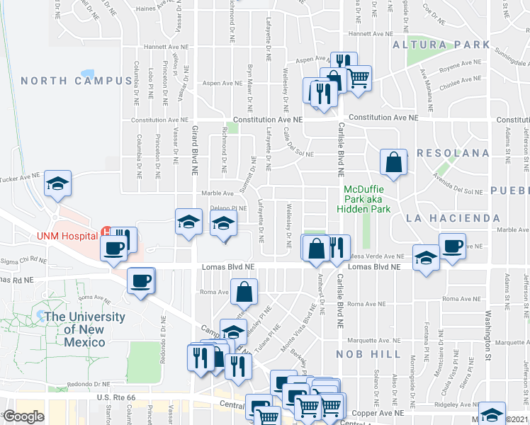 map of restaurants, bars, coffee shops, grocery stores, and more near 812 Lafayette Drive Northeast in Albuquerque