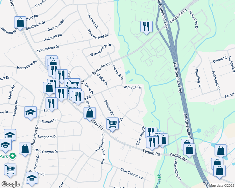 map of restaurants, bars, coffee shops, grocery stores, and more near 5499 Laramie Court in Fayetteville