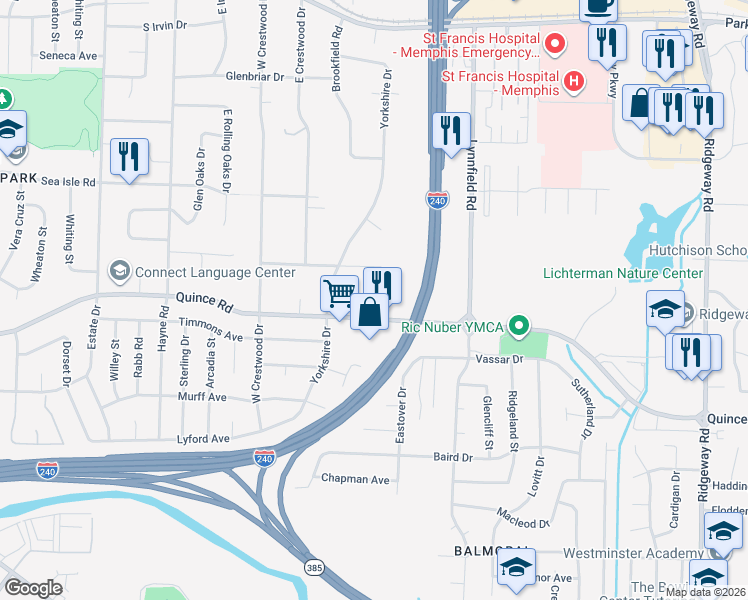map of restaurants, bars, coffee shops, grocery stores, and more near 5695 Quince Road in Memphis
