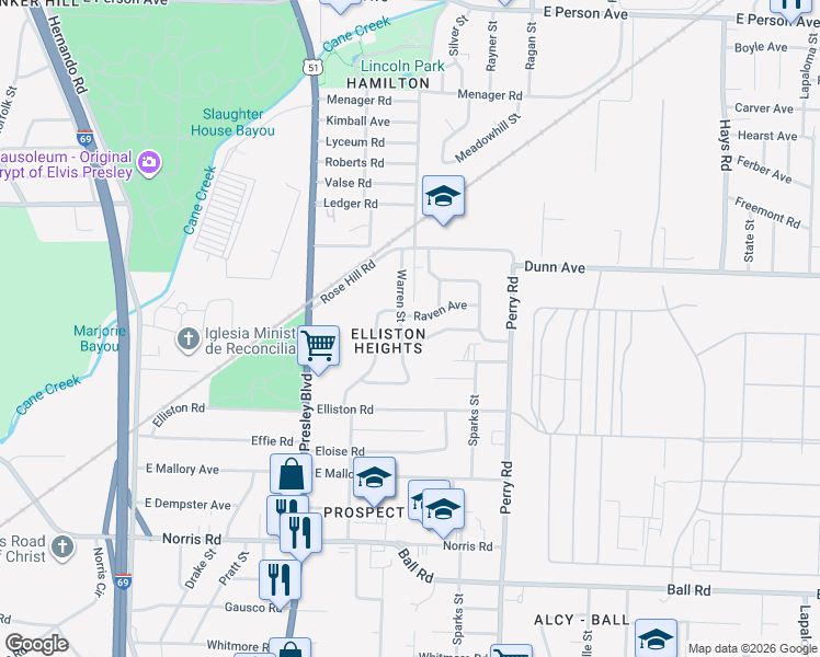 map of restaurants, bars, coffee shops, grocery stores, and more near 2043 Warren Street in Memphis
