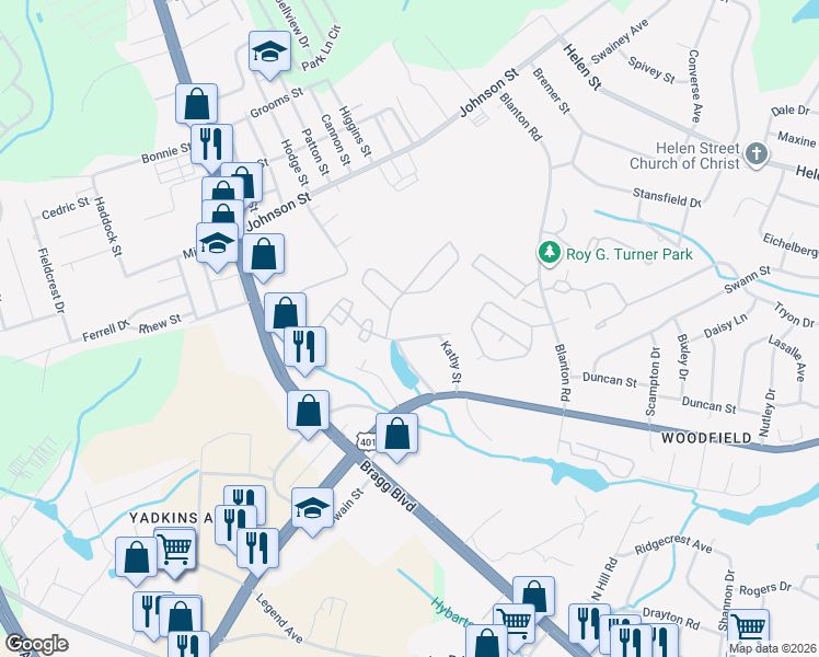map of restaurants, bars, coffee shops, grocery stores, and more near 1105 Oakwood Street in Fayetteville