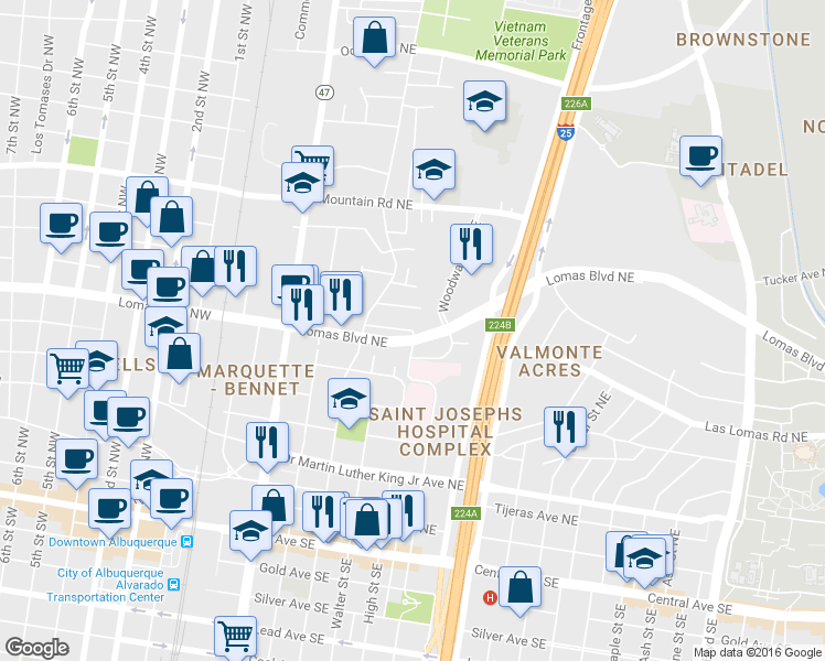 map of restaurants, bars, coffee shops, grocery stores, and more near High St NE in Albuquerque