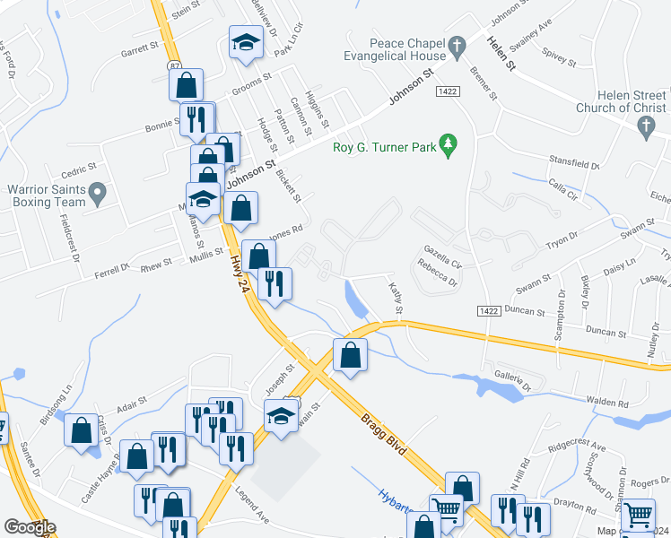 map of restaurants, bars, coffee shops, grocery stores, and more near 1206 Huntsman Court in Fayetteville