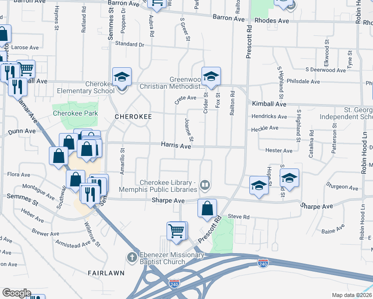 map of restaurants, bars, coffee shops, grocery stores, and more near 1479 Pinecrest Drive in Memphis