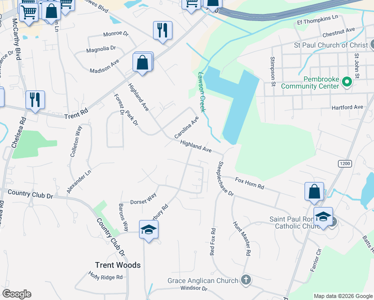 map of restaurants, bars, coffee shops, grocery stores, and more near 3901 Canterbury Road in Trent Woods