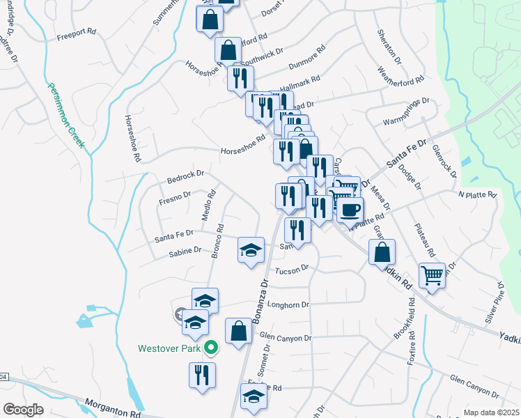 map of restaurants, bars, coffee shops, grocery stores, and more near 806 Bedrock Drive in Fayetteville