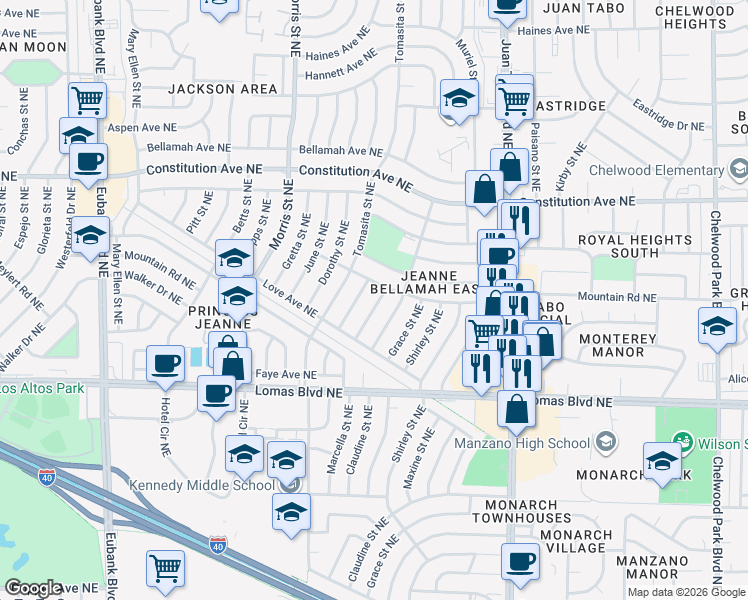 map of restaurants, bars, coffee shops, grocery stores, and more near 1022 Marcella Street Northeast in Albuquerque