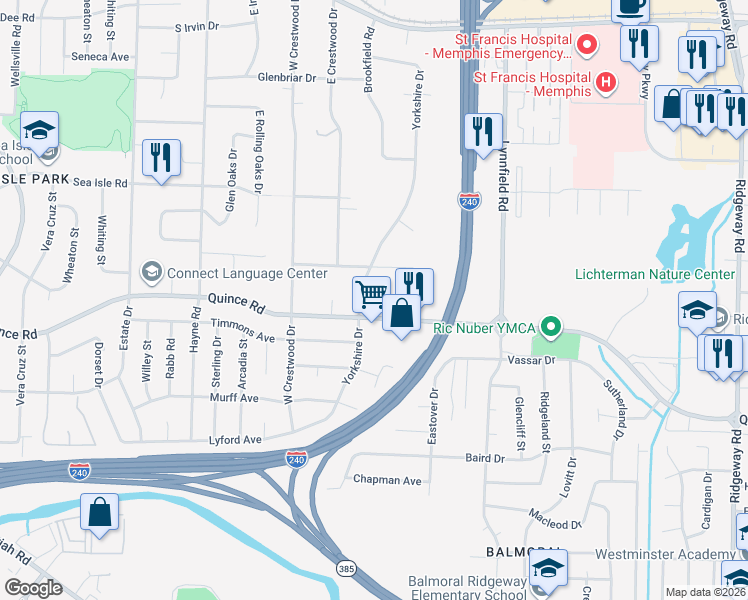 map of restaurants, bars, coffee shops, grocery stores, and more near 5676 Quince Road in Memphis