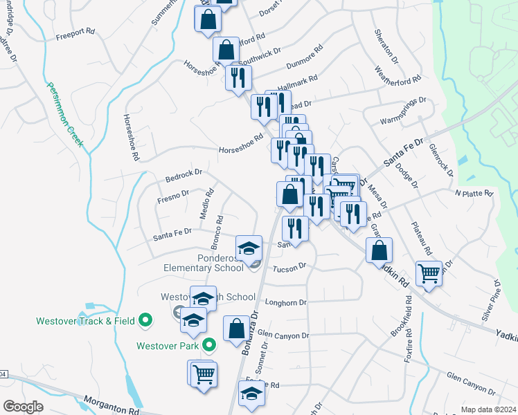map of restaurants, bars, coffee shops, grocery stores, and more near 812 Bedrock Drive in Fayetteville