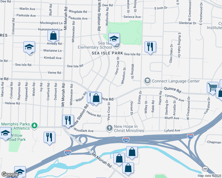 map of restaurants, bars, coffee shops, grocery stores, and more near 1552 Vera Cruz Street in Memphis