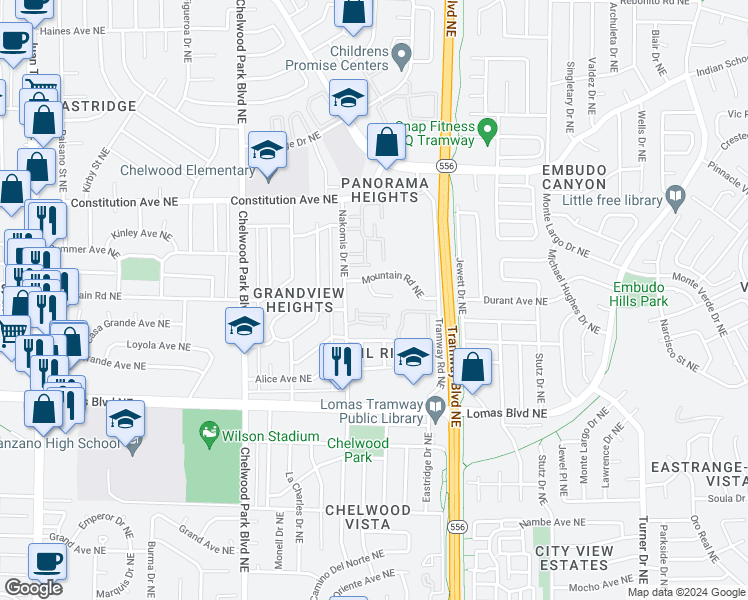 map of restaurants, bars, coffee shops, grocery stores, and more near 13212 Mountain Place Northeast in Albuquerque