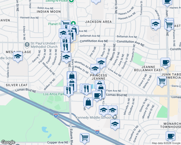 map of restaurants, bars, coffee shops, grocery stores, and more near 1048 Betts Street Northeast in Albuquerque