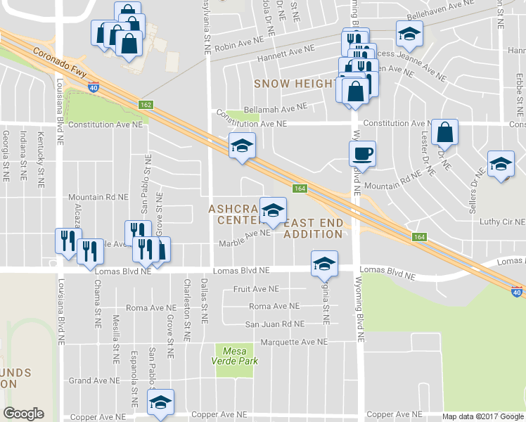 map of restaurants, bars, coffee shops, grocery stores, and more near 8009 Marble Avenue in Albuquerque