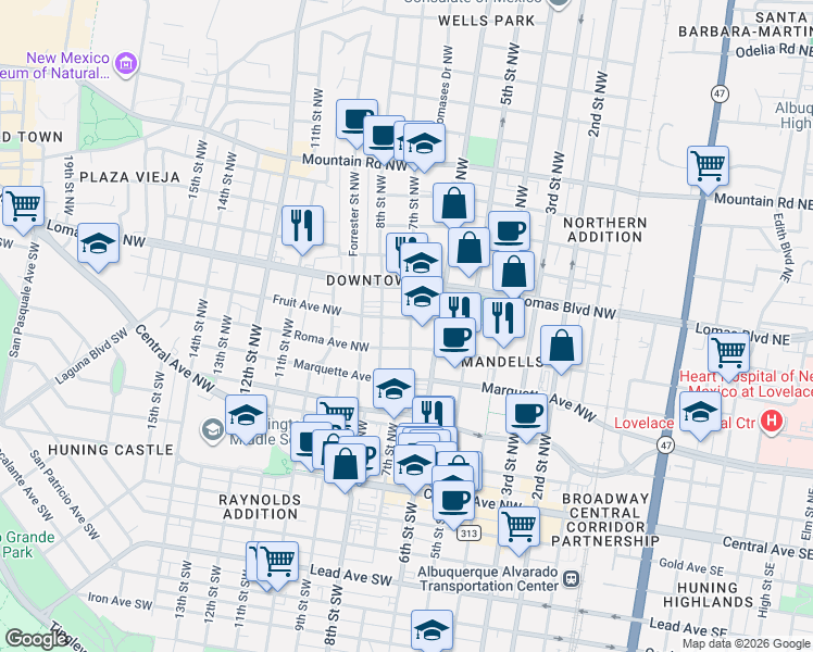 map of restaurants, bars, coffee shops, grocery stores, and more near 701 Roma Avenue Northwest in Albuquerque