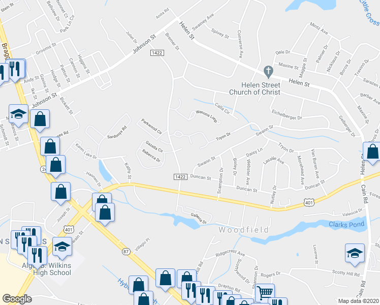 map of restaurants, bars, coffee shops, grocery stores, and more near 1707 Swann Street in Fayetteville