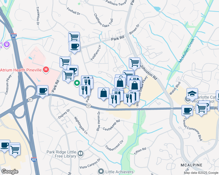 map of restaurants, bars, coffee shops, grocery stores, and more near 10700 Kettering Drive in Charlotte