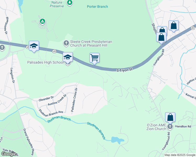 map of restaurants, bars, coffee shops, grocery stores, and more near 14819 Majestic Oak Drive in Charlotte
