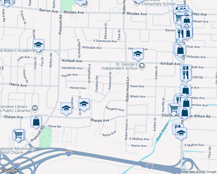 map of restaurants, bars, coffee shops, grocery stores, and more near 3645 Miami Cove in Memphis