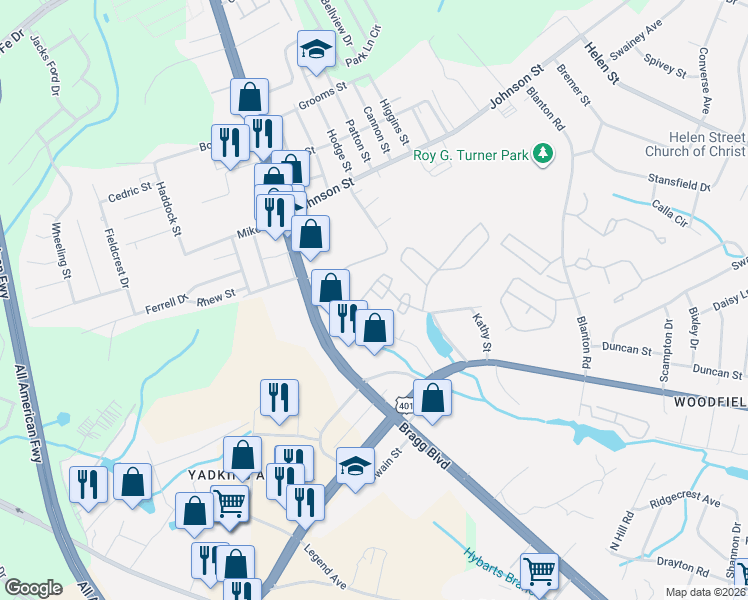 map of restaurants, bars, coffee shops, grocery stores, and more near 4514 Haonani Drive in Fayetteville