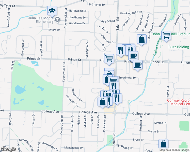 map of restaurants, bars, coffee shops, grocery stores, and more near 888 Heather Circle in Conway