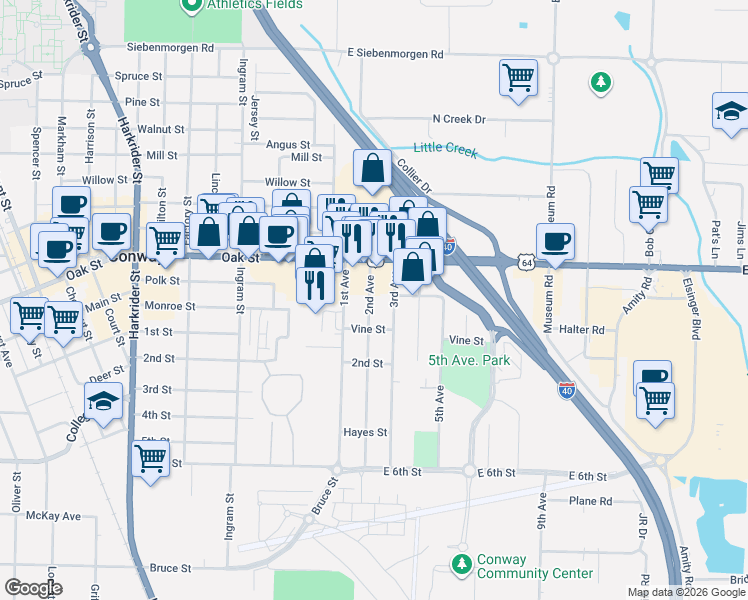 map of restaurants, bars, coffee shops, grocery stores, and more near 703 2nd Avenue in Conway