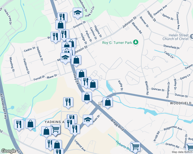map of restaurants, bars, coffee shops, grocery stores, and more near 1192 Windham Court in Fayetteville