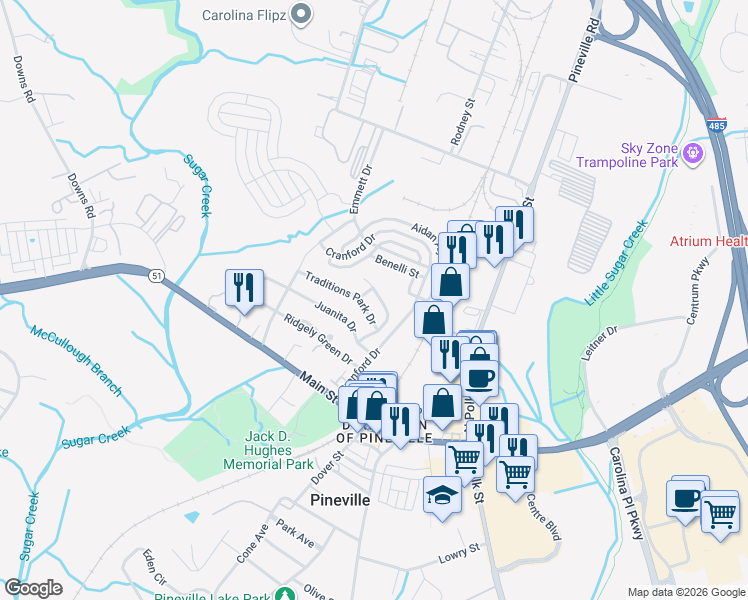 map of restaurants, bars, coffee shops, grocery stores, and more near 1029 Traditions Park Drive in Pineville