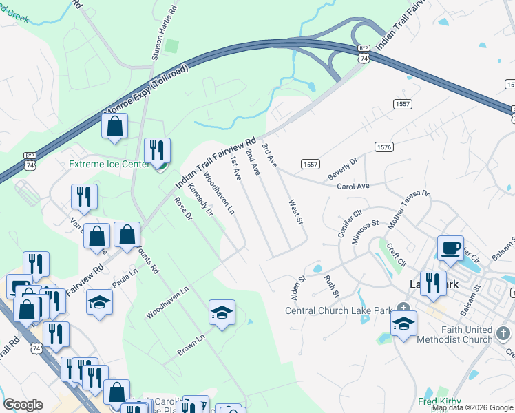 map of restaurants, bars, coffee shops, grocery stores, and more near 6702 1st Avenue in Indian Trail