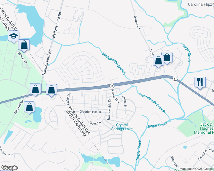 map of restaurants, bars, coffee shops, grocery stores, and more near 13198 Rock Hill-Pineville Road in Pineville