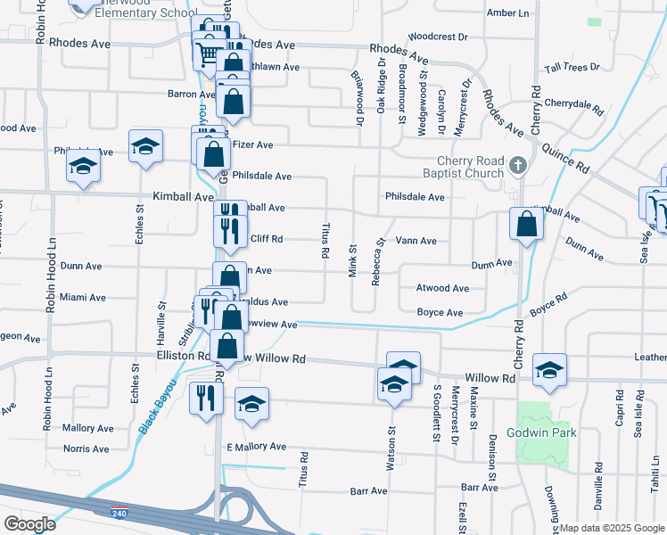 map of restaurants, bars, coffee shops, grocery stores, and more near 1503 Mink Street in Memphis
