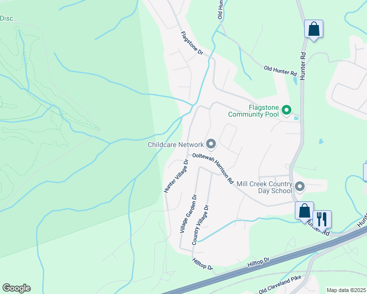 map of restaurants, bars, coffee shops, grocery stores, and more near 5411 Hunter Village Drive in Ooltewah