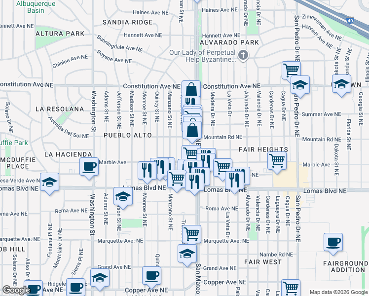 map of restaurants, bars, coffee shops, grocery stores, and more near 5204 Mountain Road Northeast in Albuquerque