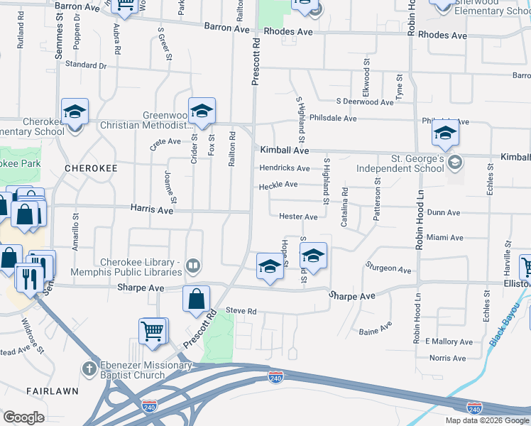 map of restaurants, bars, coffee shops, grocery stores, and more near 1488 Prescott Road in Memphis