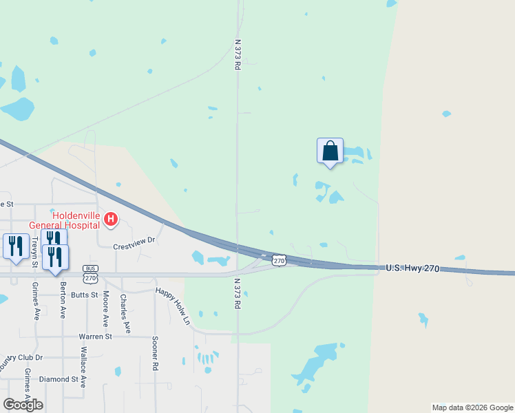 map of restaurants, bars, coffee shops, grocery stores, and more near 3278 North 373 Road in Holdenville