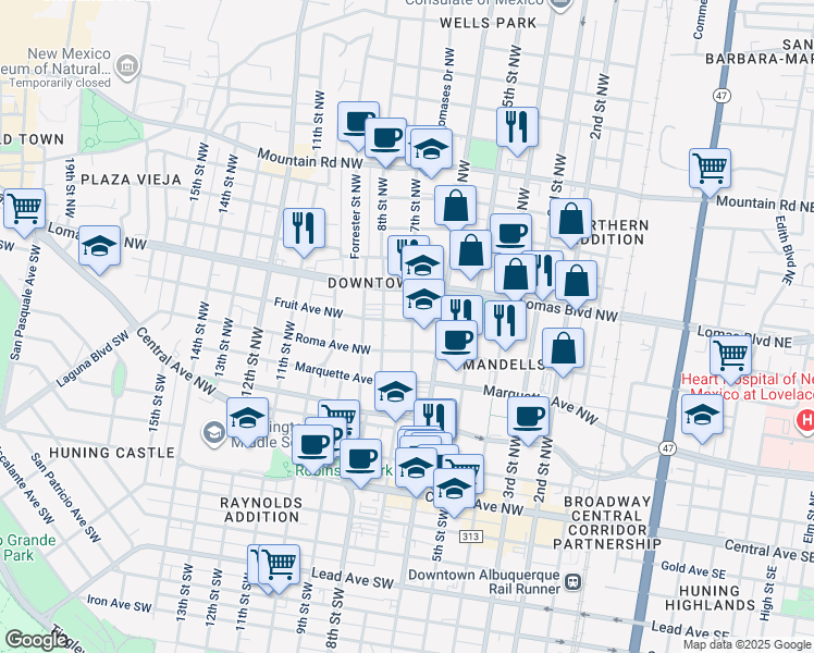 map of restaurants, bars, coffee shops, grocery stores, and more near 700 Lomas Boulevard Northwest in Albuquerque