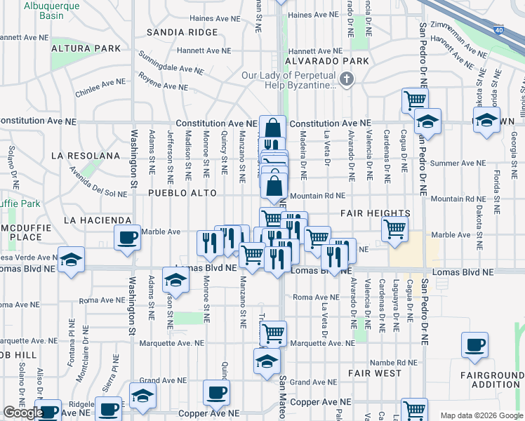 map of restaurants, bars, coffee shops, grocery stores, and more near 5204 Mountain Road Northeast in Albuquerque