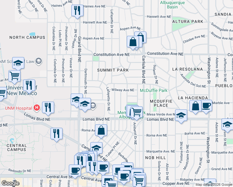 map of restaurants, bars, coffee shops, grocery stores, and more near 3317 Wilway Avenue Northeast in Albuquerque